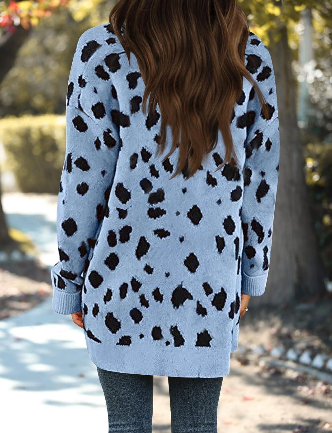 imageZESICA Womens Fall Winter Long Sleeves Open Front Leopard Print Knitted Sweater Cardigan Coat OutwearBlue