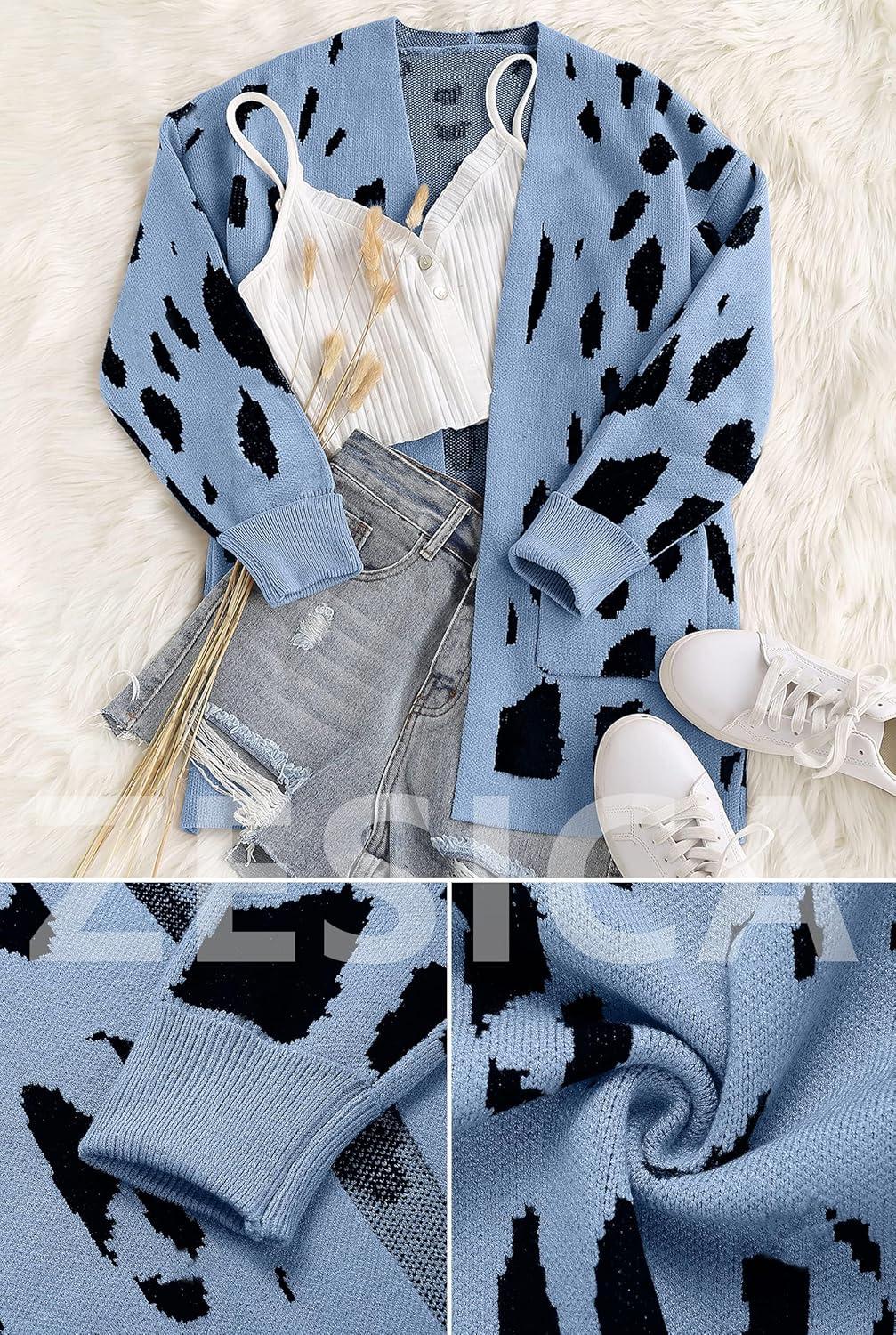 imageZESICA Womens Fall Winter Long Sleeves Open Front Leopard Print Knitted Sweater Cardigan Coat OutwearBlue