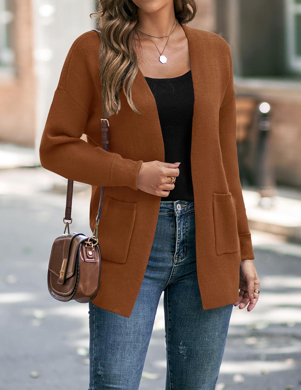 imageZESICA Womens Fall Winter Long Sleeves Open Front Leopard Print Knitted Sweater Cardigan Coat OutwearCaramel