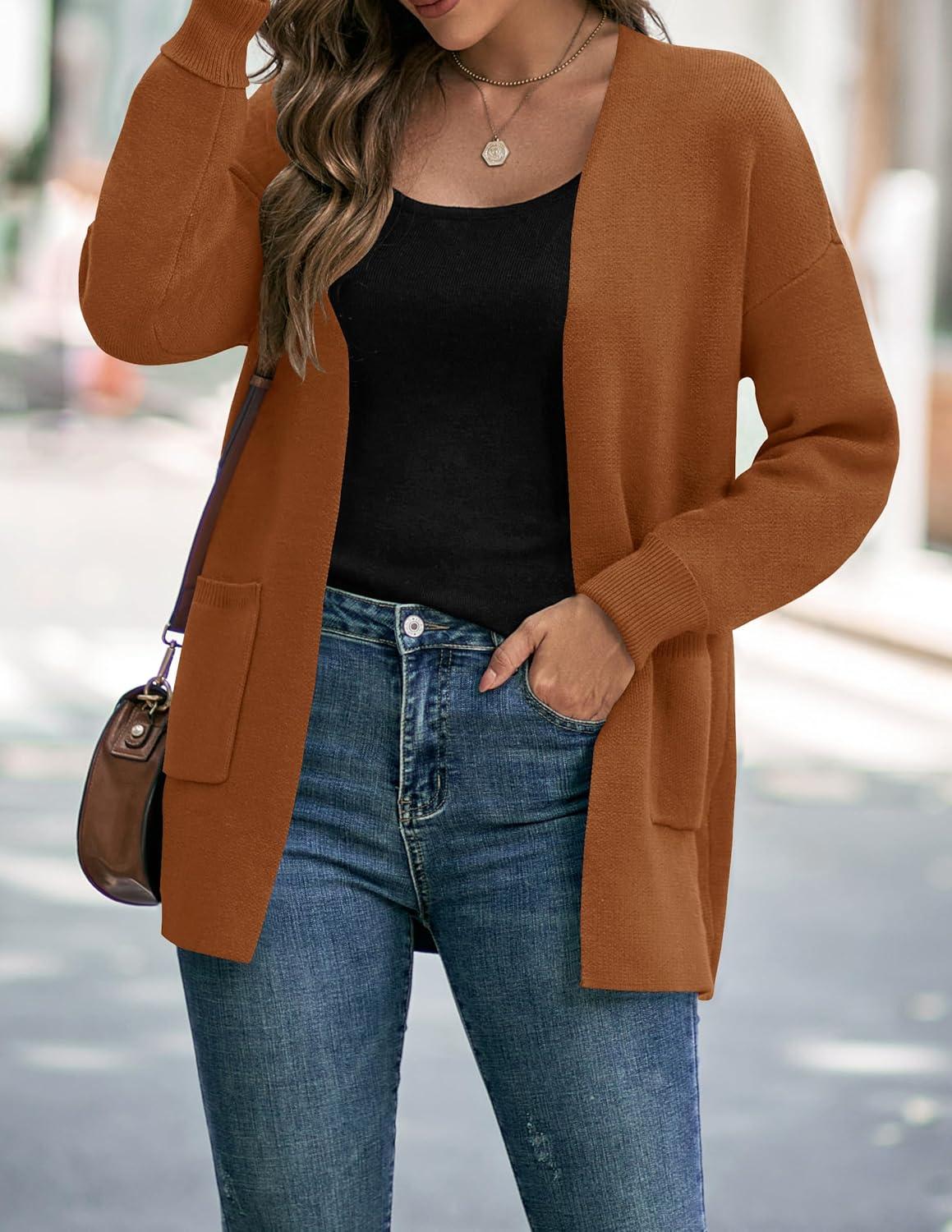 imageZESICA Womens Fall Winter Long Sleeves Open Front Leopard Print Knitted Sweater Cardigan Coat OutwearCaramel