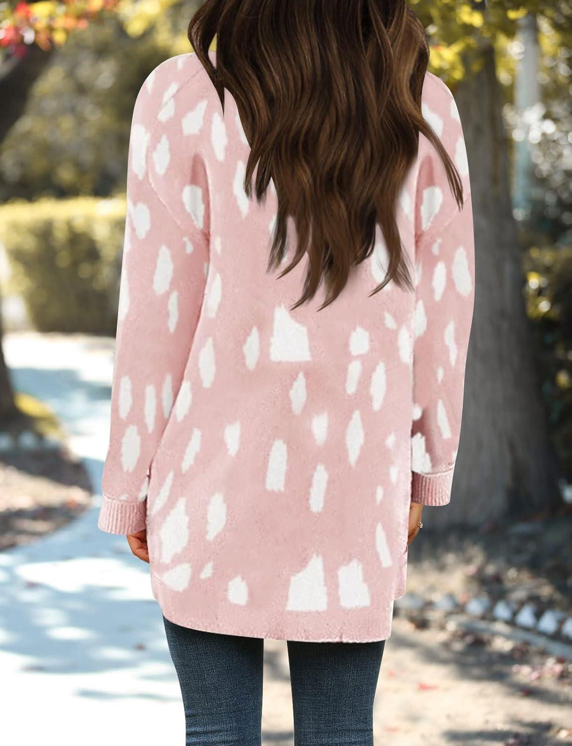 imageZESICA Womens Fall Winter Long Sleeves Open Front Leopard Print Knitted Sweater Cardigan Coat OutwearPink