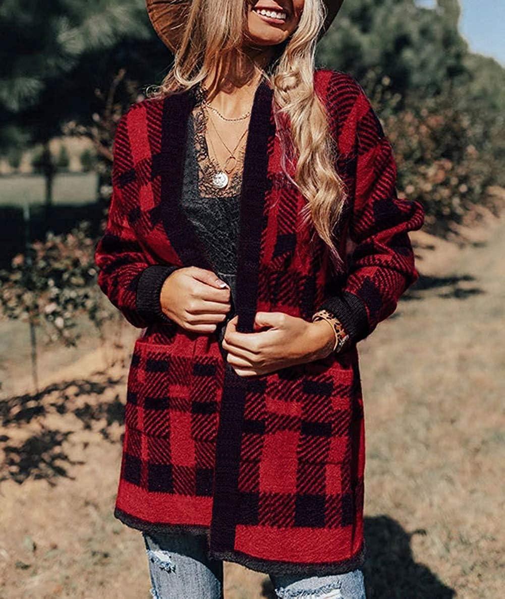 imageZESICA Womens Fall Winter Long Sleeves Open Front Leopard Print Knitted Sweater Cardigan Coat OutwearRed Plaid