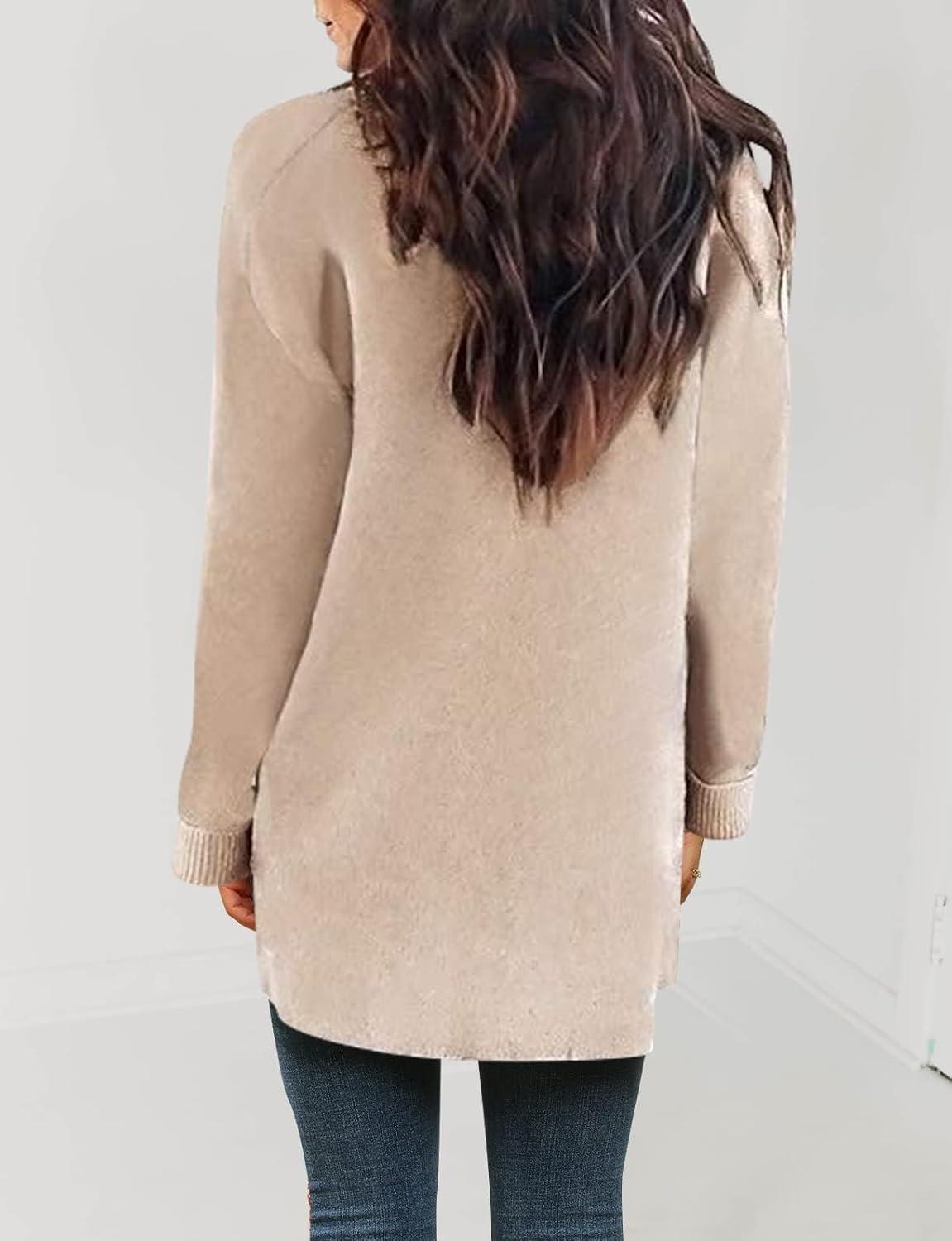 imageZESICA Womens Fall Winter Long Sleeves Open Front Leopard Print Knitted Sweater Cardigan Coat OutwearSolid Beige