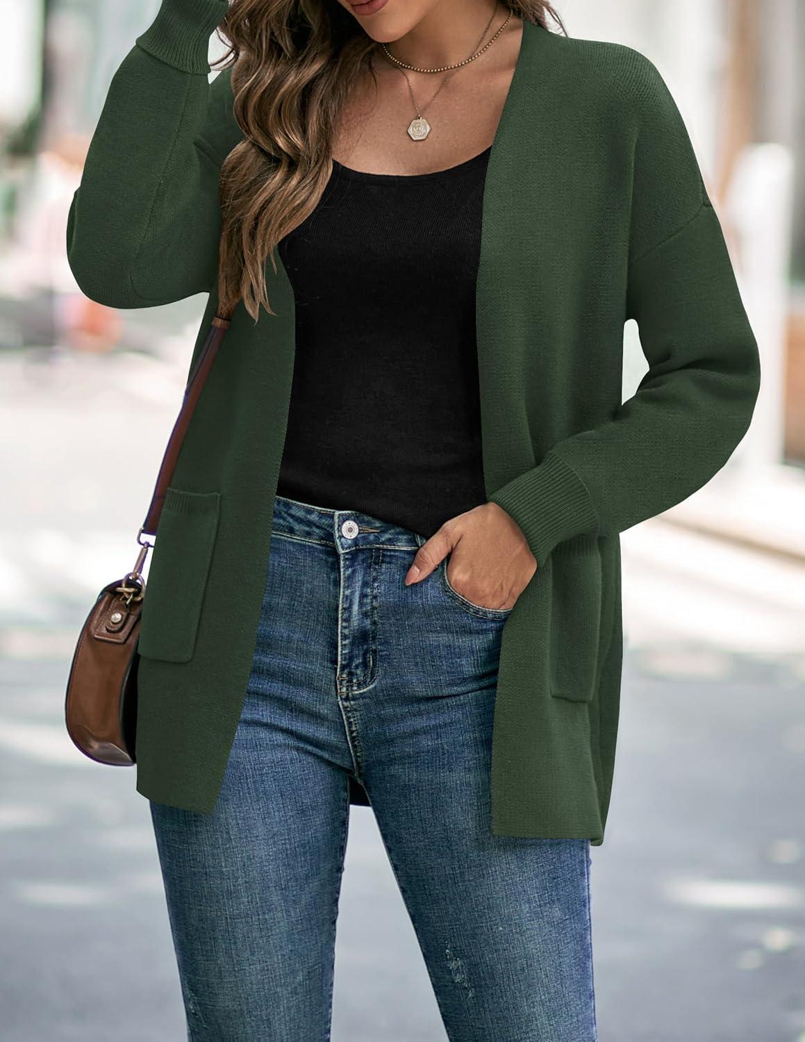 imageZESICA Womens Fall Winter Long Sleeves Open Front Leopard Print Knitted Sweater Cardigan Coat OutwearSolidgreen