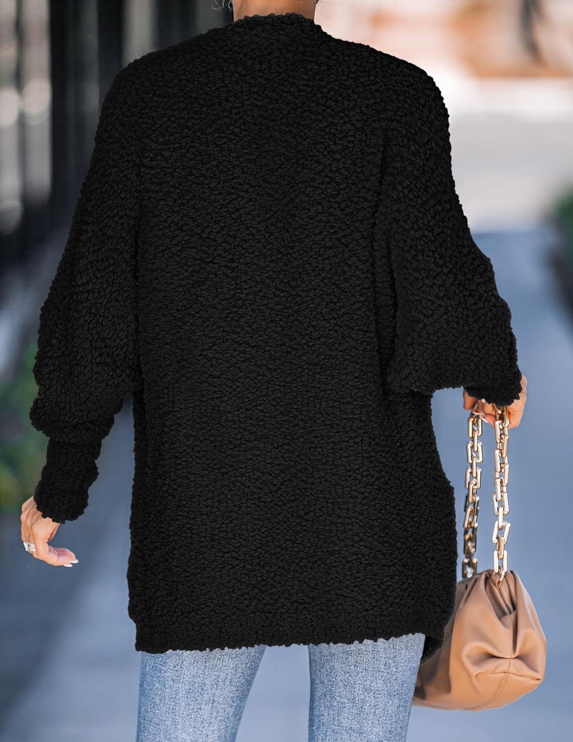 imageZESICA Womens Fall Winter Popcorn Long Sleeve Open Front Chunky Knit Oversized Cardigan Sweater CoatBlack