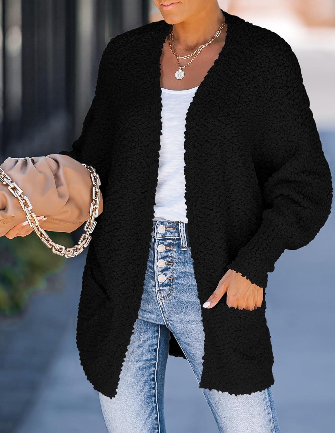 imageZESICA Womens Fall Winter Popcorn Long Sleeve Open Front Chunky Knit Oversized Cardigan Sweater CoatBlack