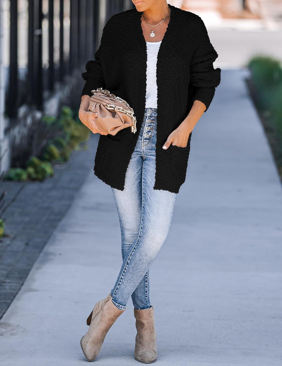 imageZESICA Womens Fall Winter Popcorn Long Sleeve Open Front Chunky Knit Oversized Cardigan Sweater CoatBlack