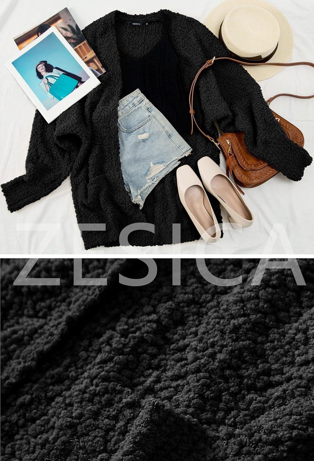 imageZESICA Womens Fall Winter Popcorn Long Sleeve Open Front Chunky Knit Oversized Cardigan Sweater CoatBlack