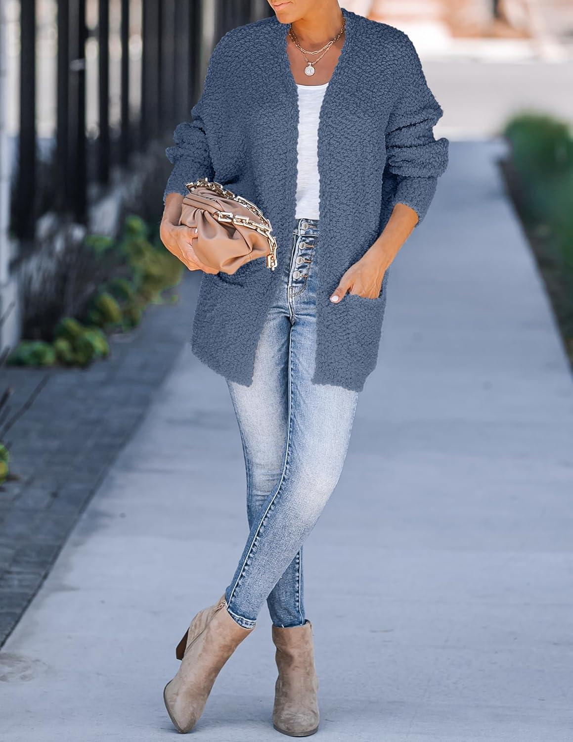 imageZESICA Womens Fall Winter Popcorn Long Sleeve Open Front Chunky Knit Oversized Cardigan Sweater CoatDusty Blue