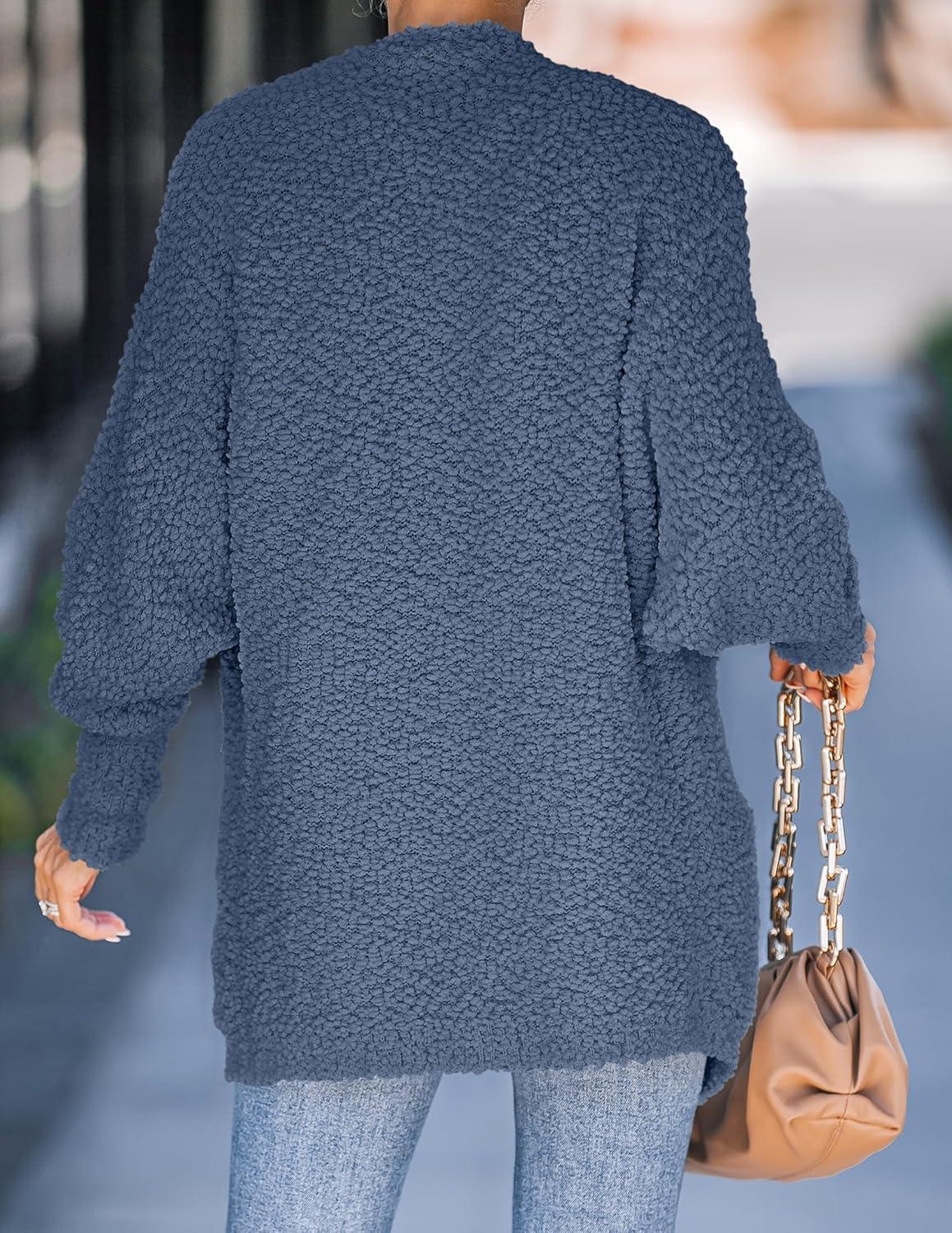 imageZESICA Womens Fall Winter Popcorn Long Sleeve Open Front Chunky Knit Oversized Cardigan Sweater CoatDusty Blue