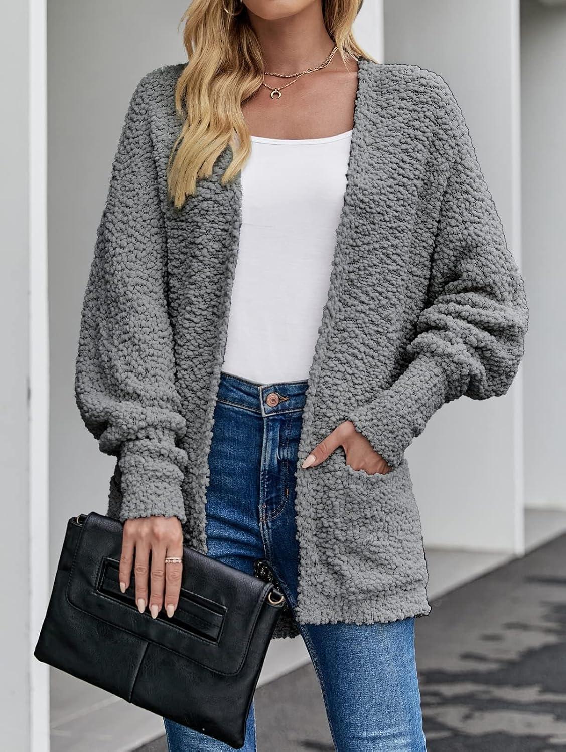 imageZESICA Womens Fall Winter Popcorn Long Sleeve Open Front Chunky Knit Oversized Cardigan Sweater CoatGrey