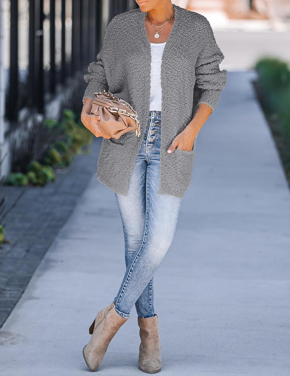 imageZESICA Womens Fall Winter Popcorn Long Sleeve Open Front Chunky Knit Oversized Cardigan Sweater CoatGrey