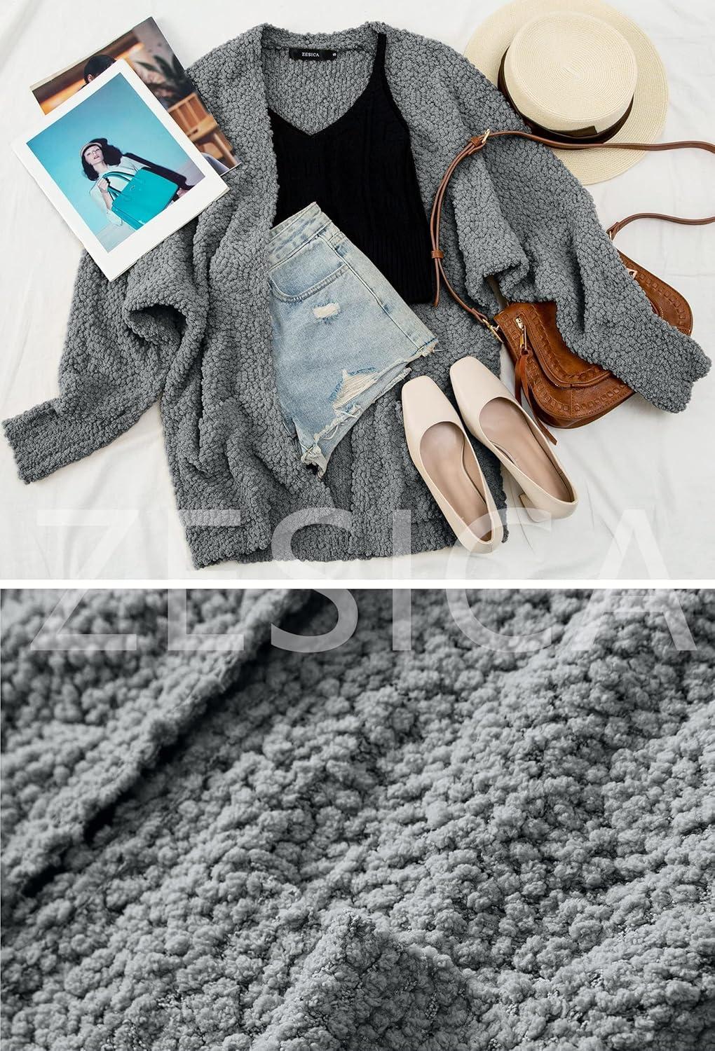 imageZESICA Womens Fall Winter Popcorn Long Sleeve Open Front Chunky Knit Oversized Cardigan Sweater CoatGrey