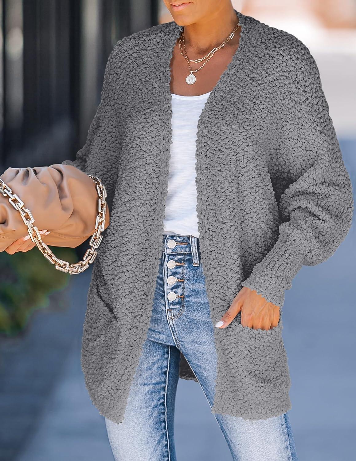imageZESICA Womens Fall Winter Popcorn Long Sleeve Open Front Chunky Knit Oversized Cardigan Sweater CoatGrey