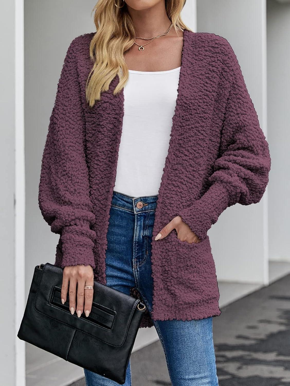 imageZESICA Womens Fall Winter Popcorn Long Sleeve Open Front Chunky Knit Oversized Cardigan Sweater CoatMaroon