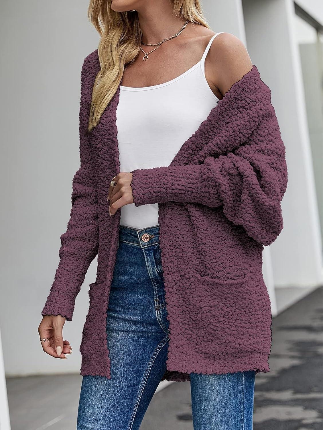 imageZESICA Womens Fall Winter Popcorn Long Sleeve Open Front Chunky Knit Oversized Cardigan Sweater CoatMaroon