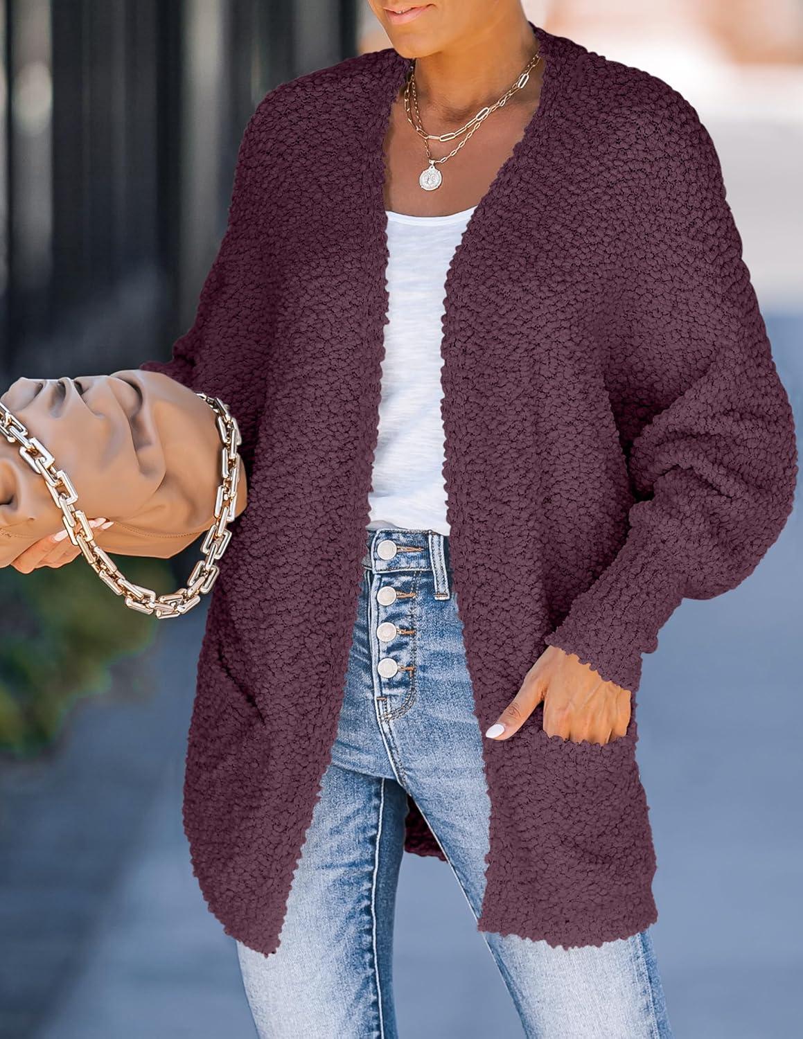 imageZESICA Womens Fall Winter Popcorn Long Sleeve Open Front Chunky Knit Oversized Cardigan Sweater CoatMaroon