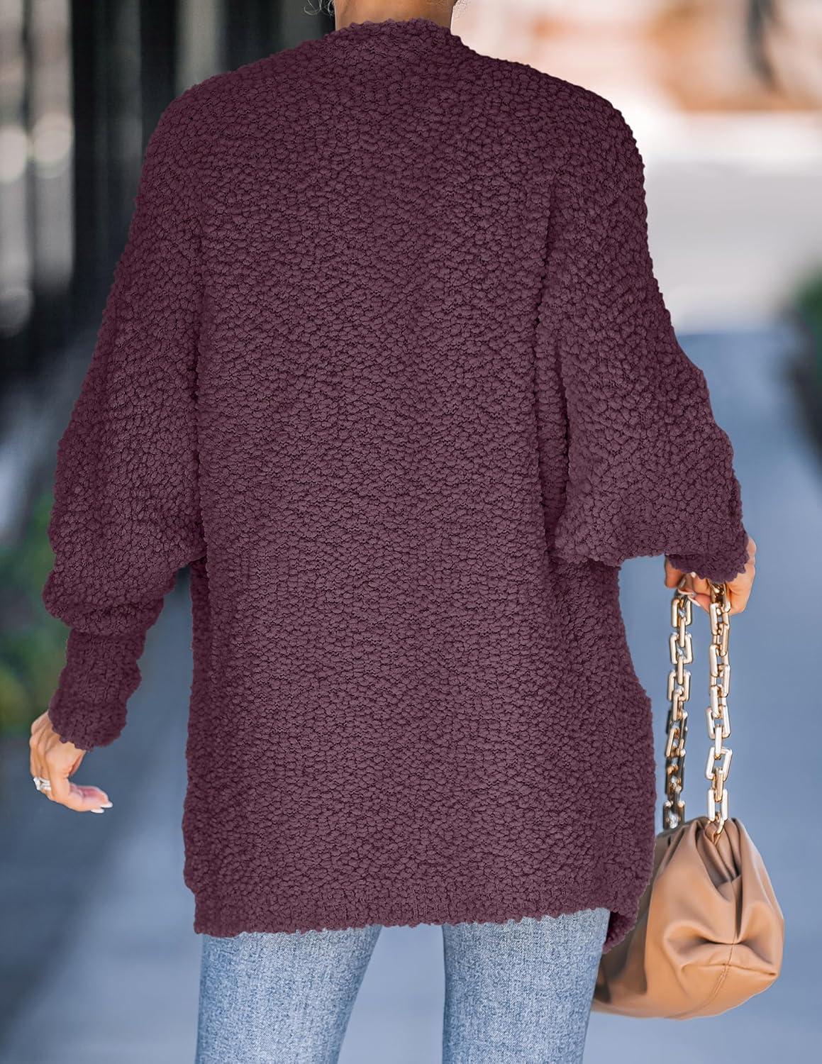 imageZESICA Womens Fall Winter Popcorn Long Sleeve Open Front Chunky Knit Oversized Cardigan Sweater CoatMaroon