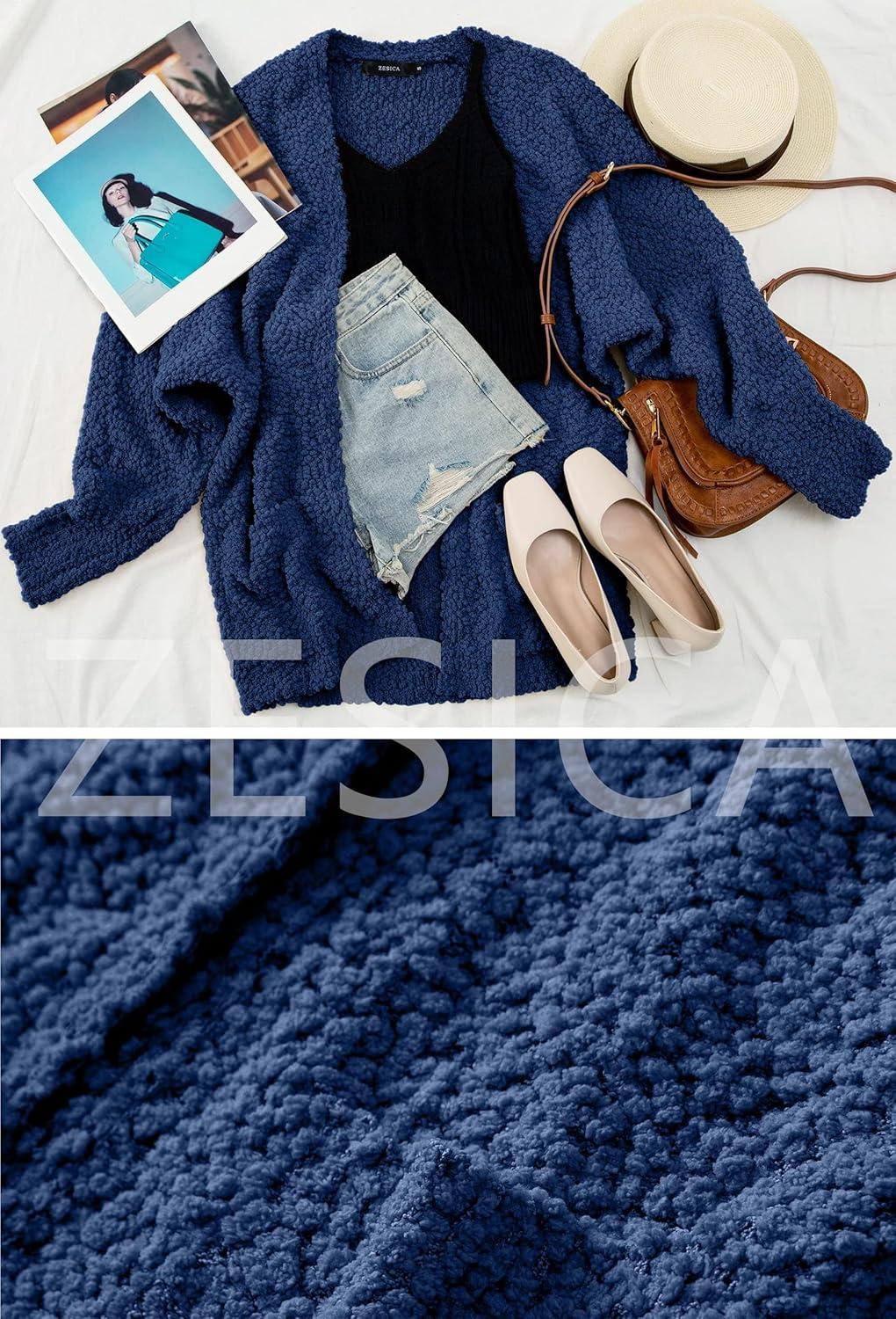 imageZESICA Womens Fall Winter Popcorn Long Sleeve Open Front Chunky Knit Oversized Cardigan Sweater CoatNavy