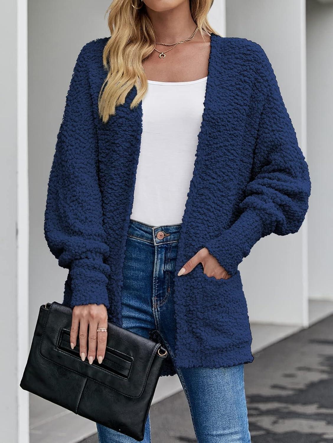 imageZESICA Womens Fall Winter Popcorn Long Sleeve Open Front Chunky Knit Oversized Cardigan Sweater CoatNavy