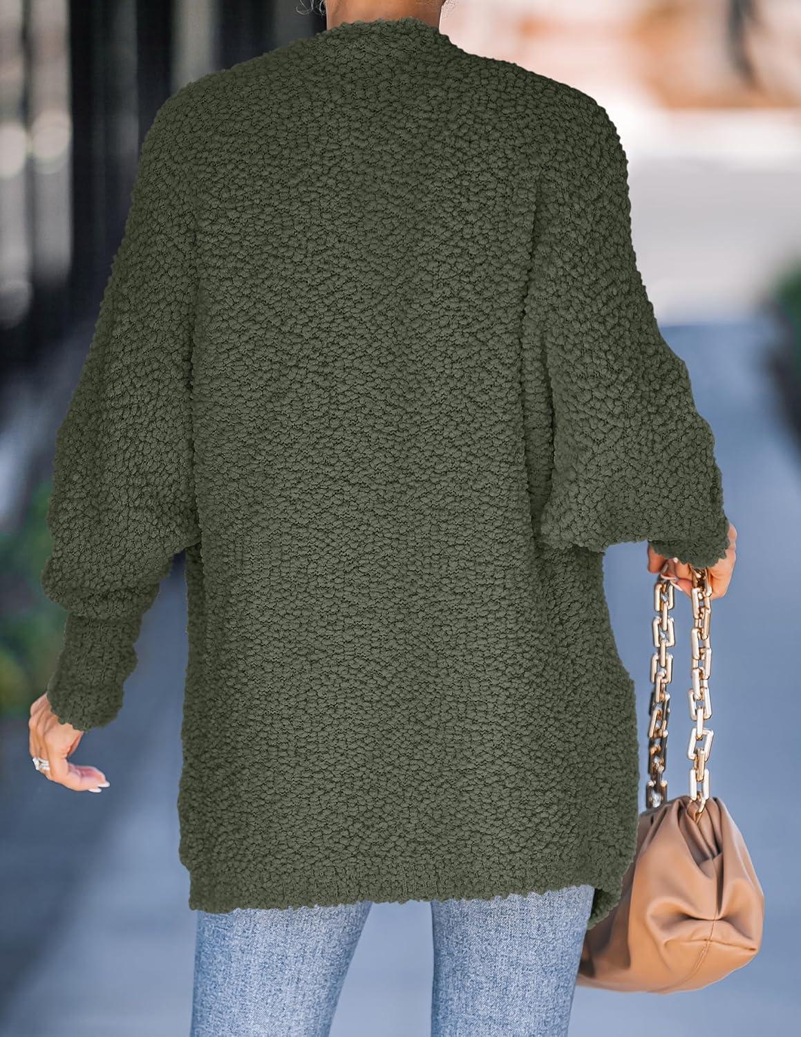 imageZESICA Womens Fall Winter Popcorn Long Sleeve Open Front Chunky Knit Oversized Cardigan Sweater CoatOlive