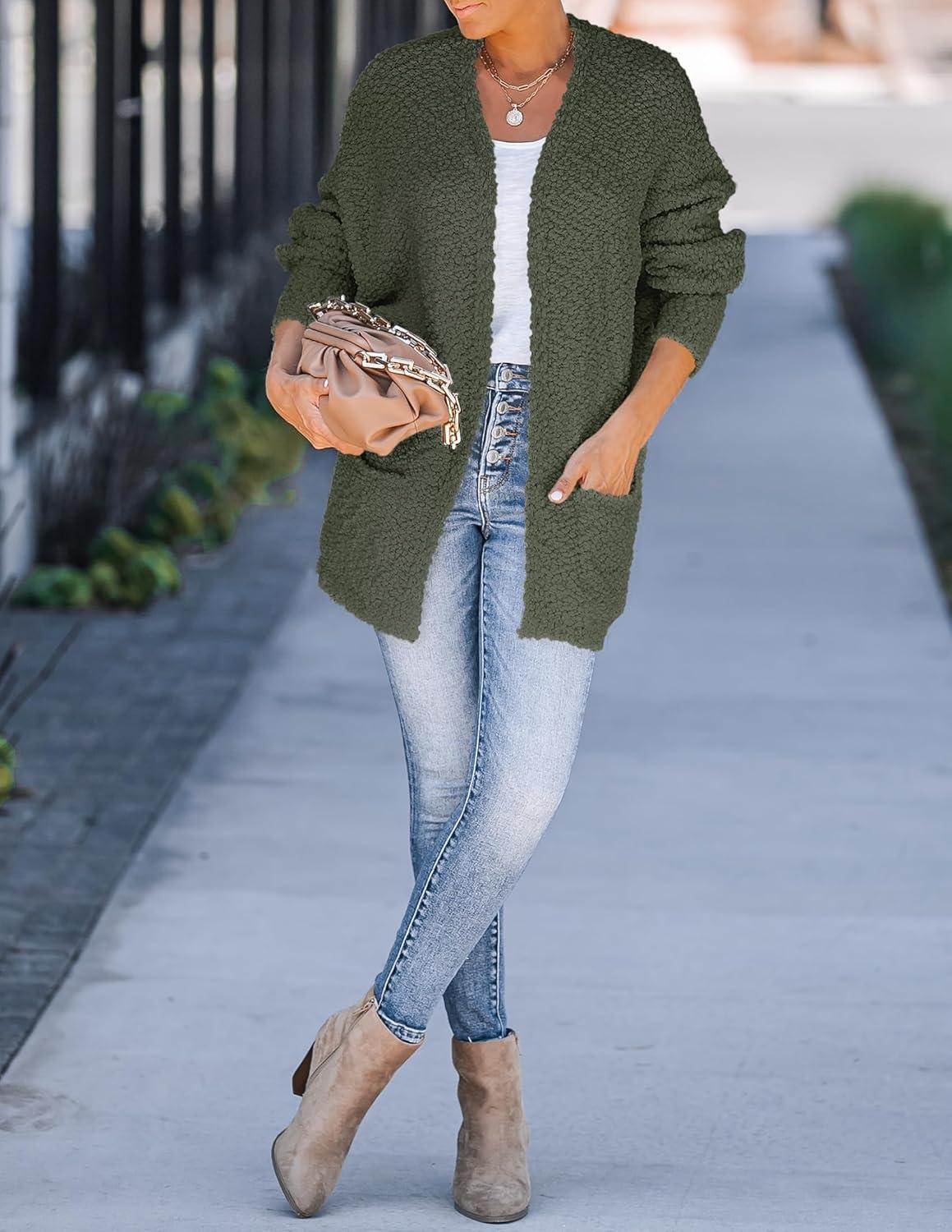 imageZESICA Womens Fall Winter Popcorn Long Sleeve Open Front Chunky Knit Oversized Cardigan Sweater CoatOlive