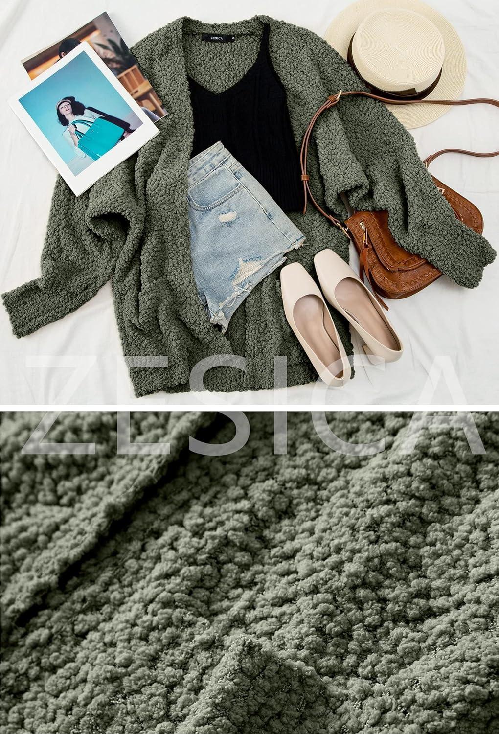 imageZESICA Womens Fall Winter Popcorn Long Sleeve Open Front Chunky Knit Oversized Cardigan Sweater CoatOlive