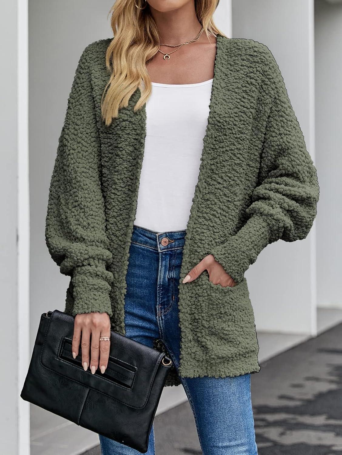 imageZESICA Womens Fall Winter Popcorn Long Sleeve Open Front Chunky Knit Oversized Cardigan Sweater CoatOlive