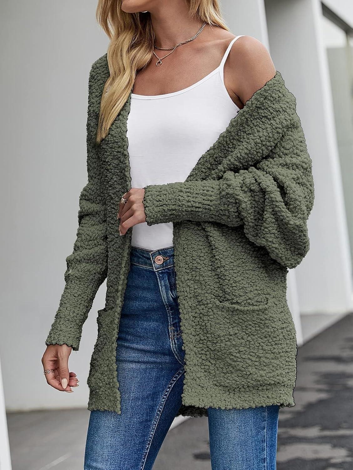 imageZESICA Womens Fall Winter Popcorn Long Sleeve Open Front Chunky Knit Oversized Cardigan Sweater CoatOlive