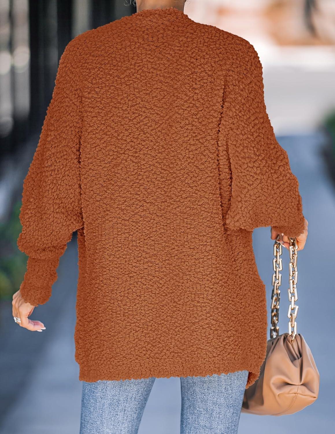 imageZESICA Womens Fall Winter Popcorn Long Sleeve Open Front Chunky Knit Oversized Cardigan Sweater CoatOrange