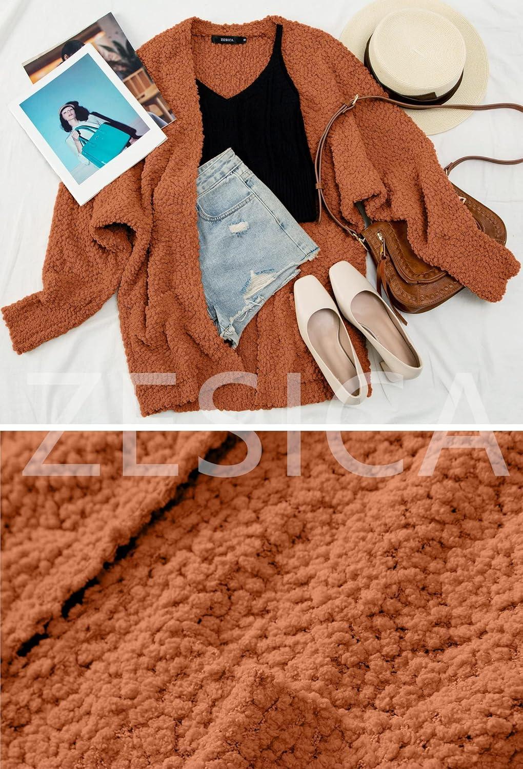 imageZESICA Womens Fall Winter Popcorn Long Sleeve Open Front Chunky Knit Oversized Cardigan Sweater CoatOrange