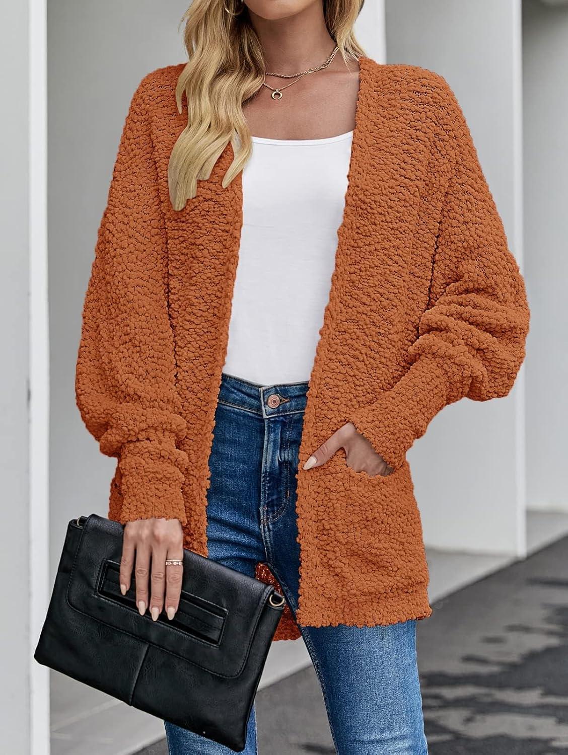 imageZESICA Womens Fall Winter Popcorn Long Sleeve Open Front Chunky Knit Oversized Cardigan Sweater CoatOrange