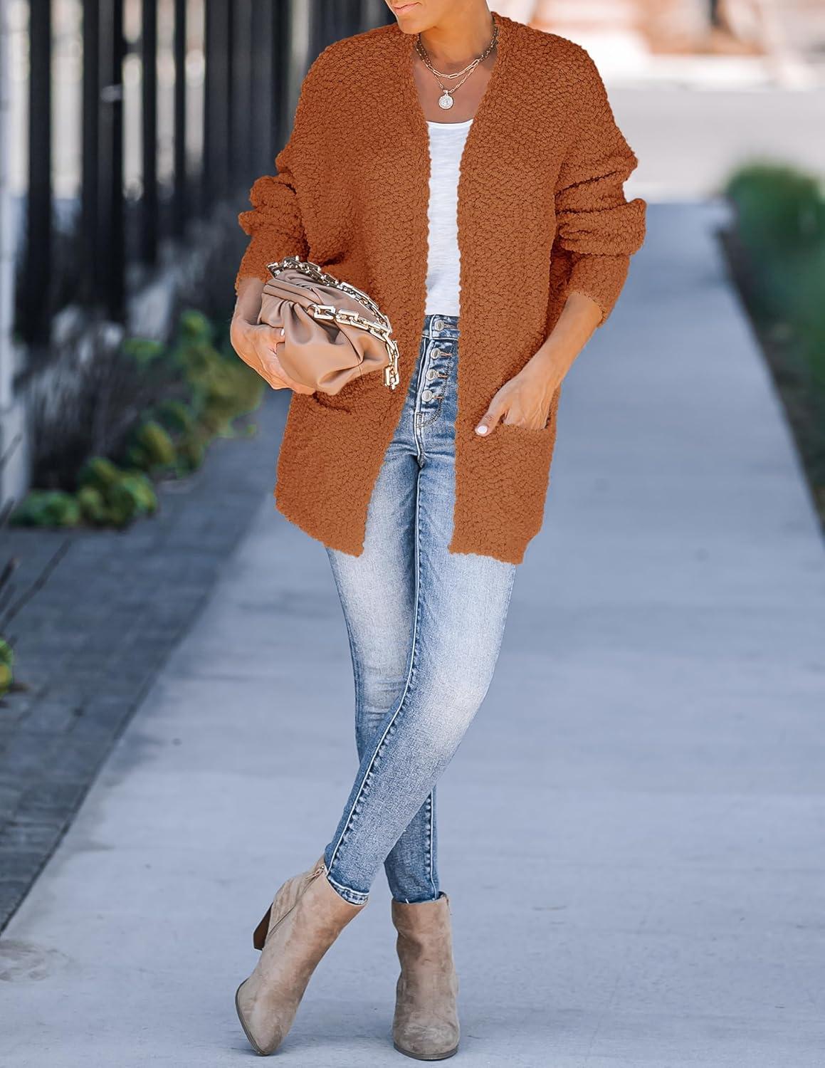 imageZESICA Womens Fall Winter Popcorn Long Sleeve Open Front Chunky Knit Oversized Cardigan Sweater CoatOrange