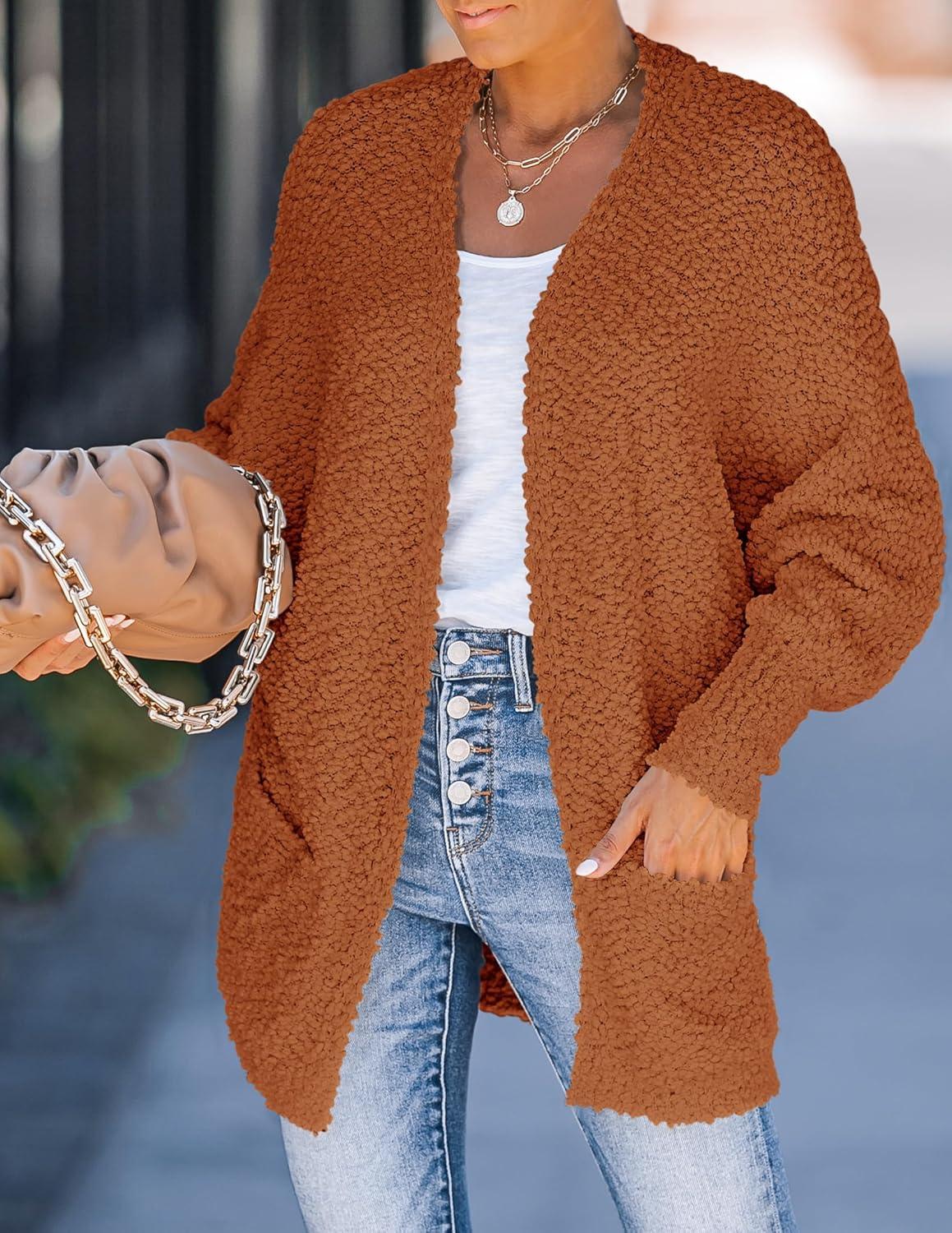 imageZESICA Womens Fall Winter Popcorn Long Sleeve Open Front Chunky Knit Oversized Cardigan Sweater CoatOrange
