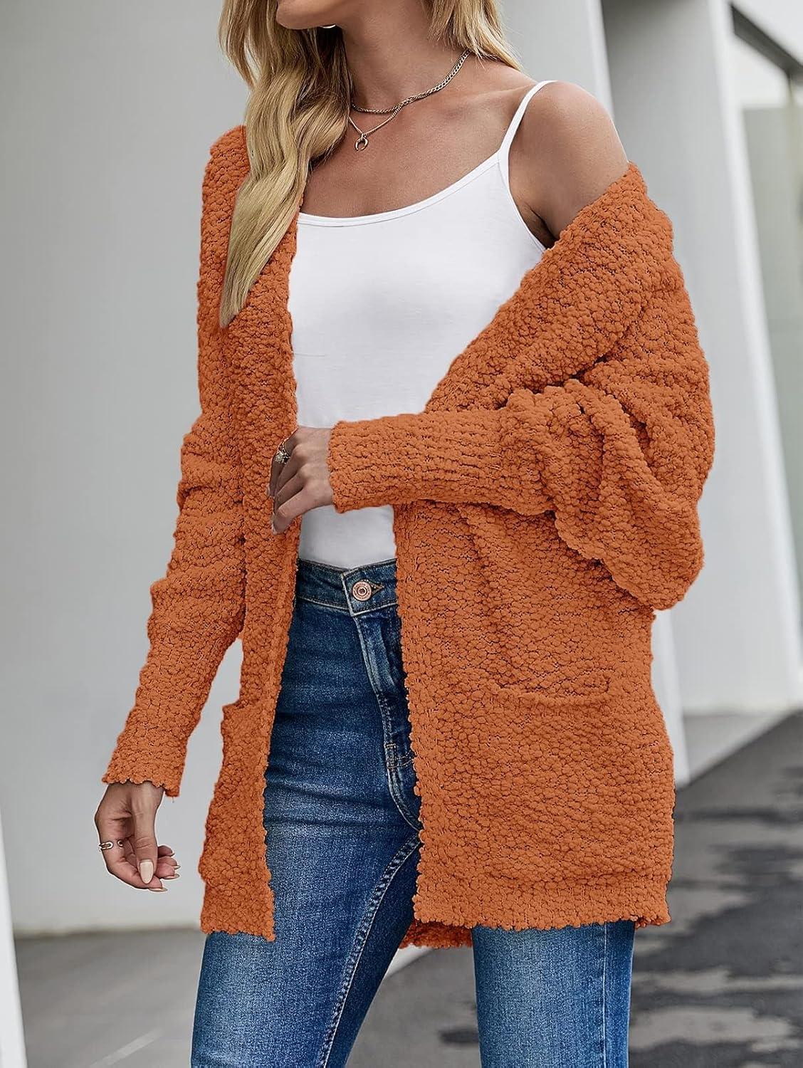imageZESICA Womens Fall Winter Popcorn Long Sleeve Open Front Chunky Knit Oversized Cardigan Sweater CoatOrange