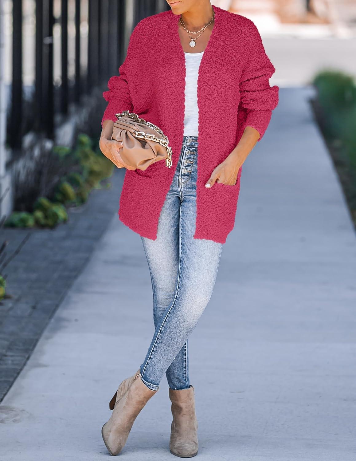 imageZESICA Womens Fall Winter Popcorn Long Sleeve Open Front Chunky Knit Oversized Cardigan Sweater CoatRose