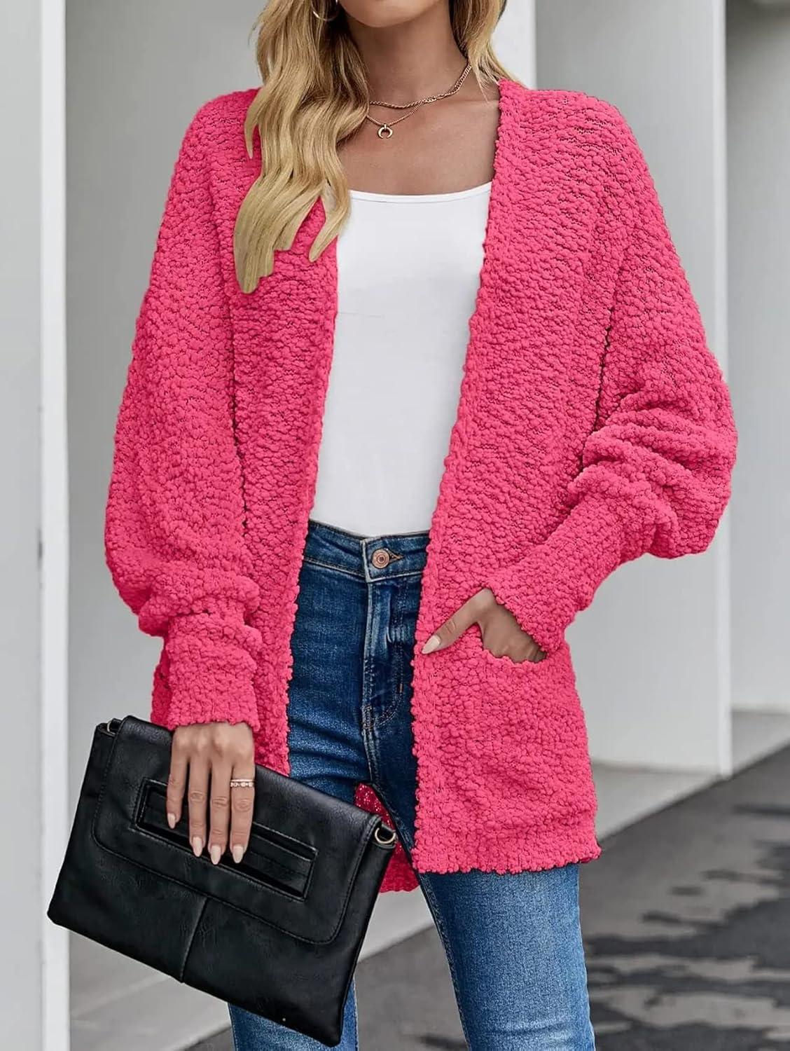 imageZESICA Womens Fall Winter Popcorn Long Sleeve Open Front Chunky Knit Oversized Cardigan Sweater CoatRose
