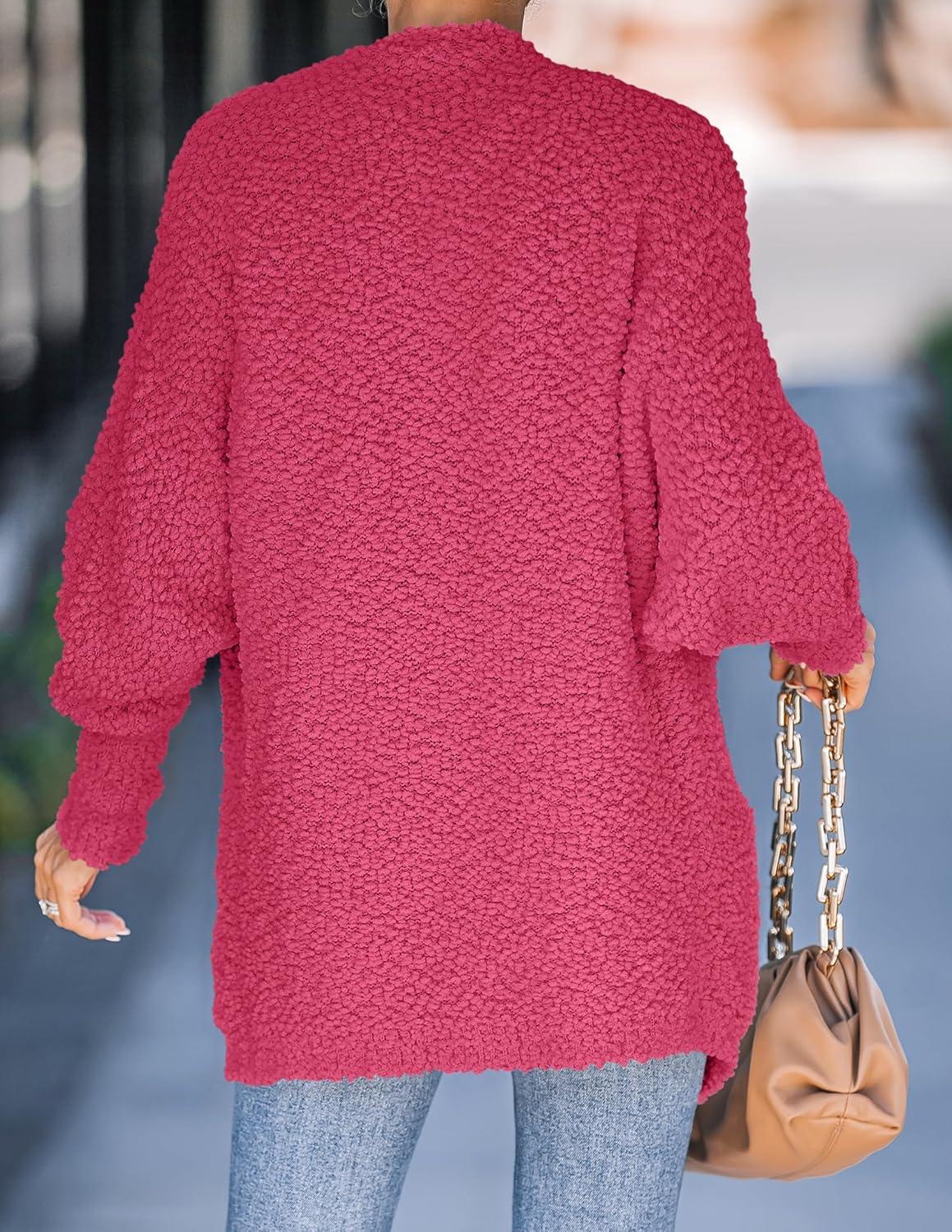 imageZESICA Womens Fall Winter Popcorn Long Sleeve Open Front Chunky Knit Oversized Cardigan Sweater CoatRose