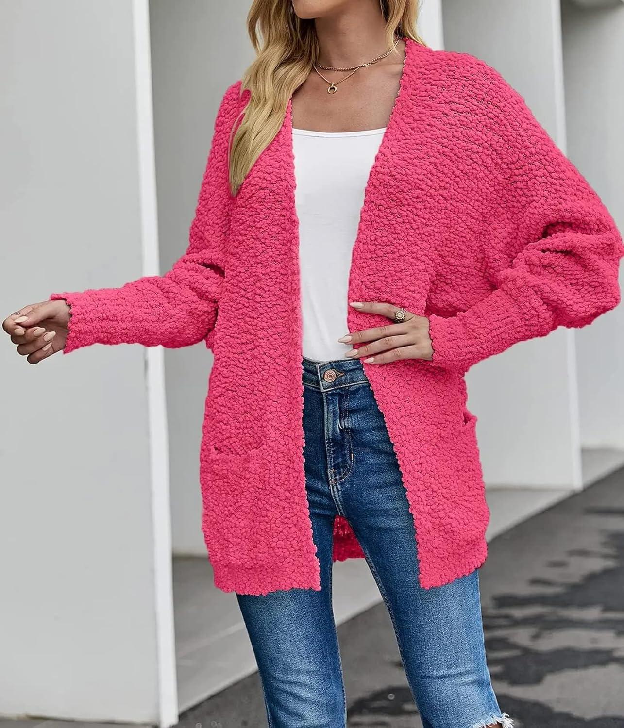 imageZESICA Womens Fall Winter Popcorn Long Sleeve Open Front Chunky Knit Oversized Cardigan Sweater CoatRose