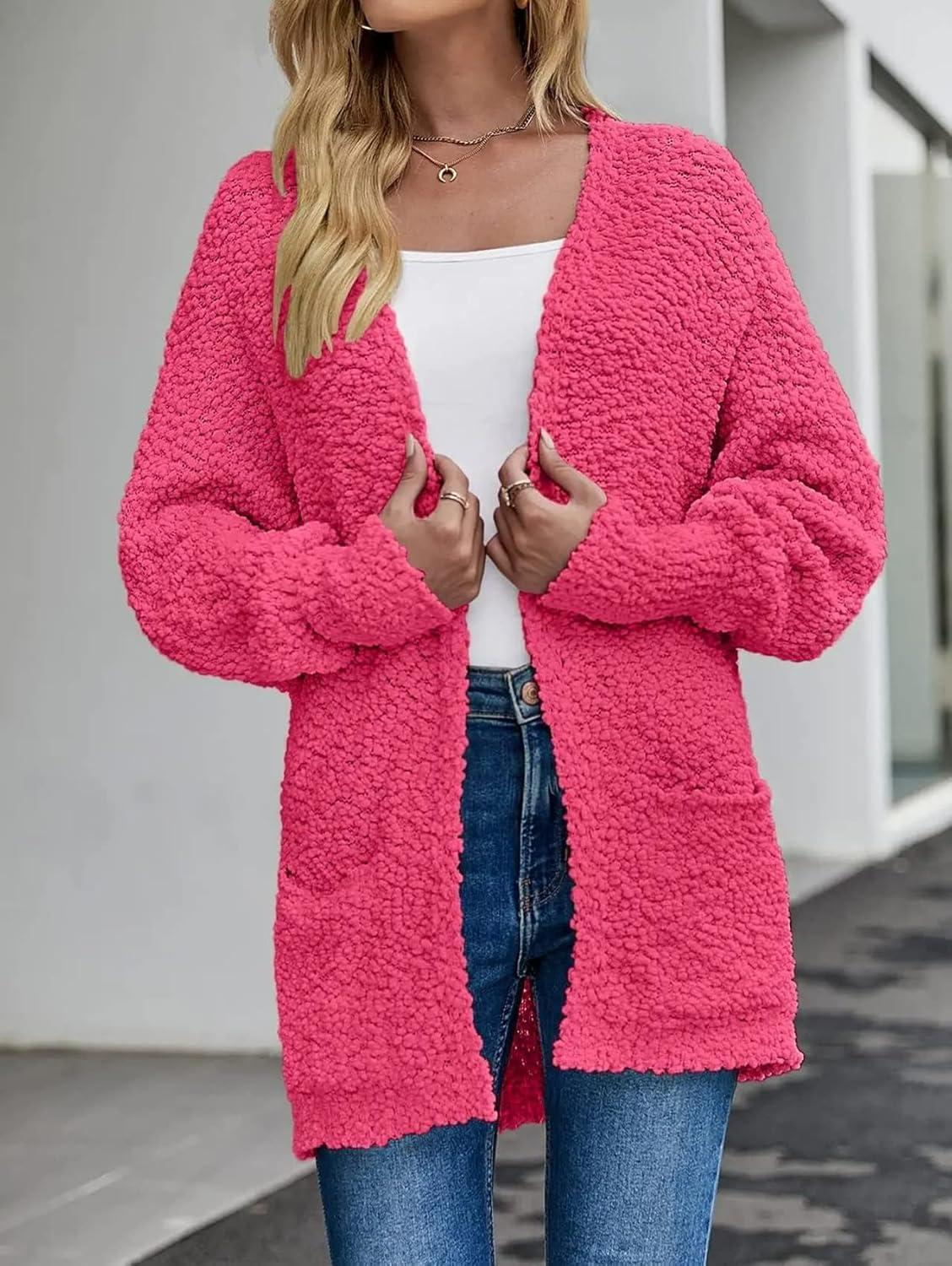 imageZESICA Womens Fall Winter Popcorn Long Sleeve Open Front Chunky Knit Oversized Cardigan Sweater CoatRose