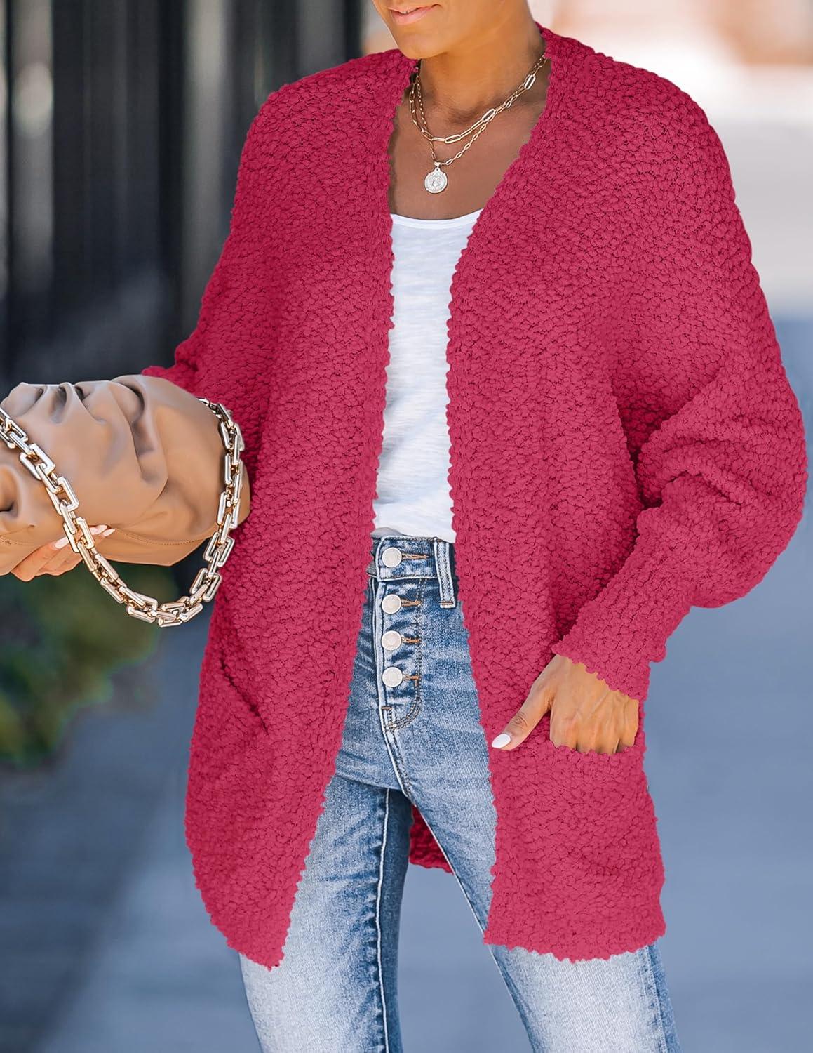 imageZESICA Womens Fall Winter Popcorn Long Sleeve Open Front Chunky Knit Oversized Cardigan Sweater CoatRose
