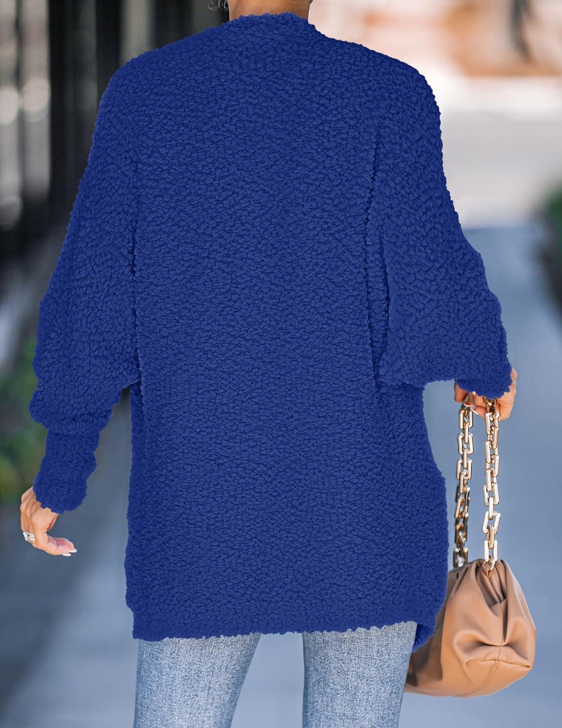 imageZESICA Womens Fall Winter Popcorn Long Sleeve Open Front Chunky Knit Oversized Cardigan Sweater CoatRoyal Blue