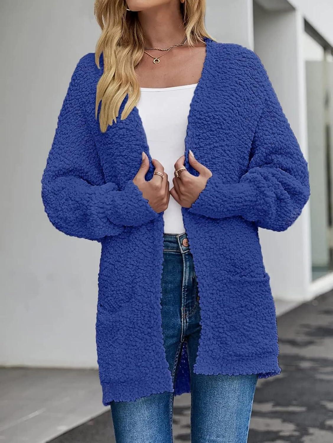 imageZESICA Womens Fall Winter Popcorn Long Sleeve Open Front Chunky Knit Oversized Cardigan Sweater CoatRoyal Blue