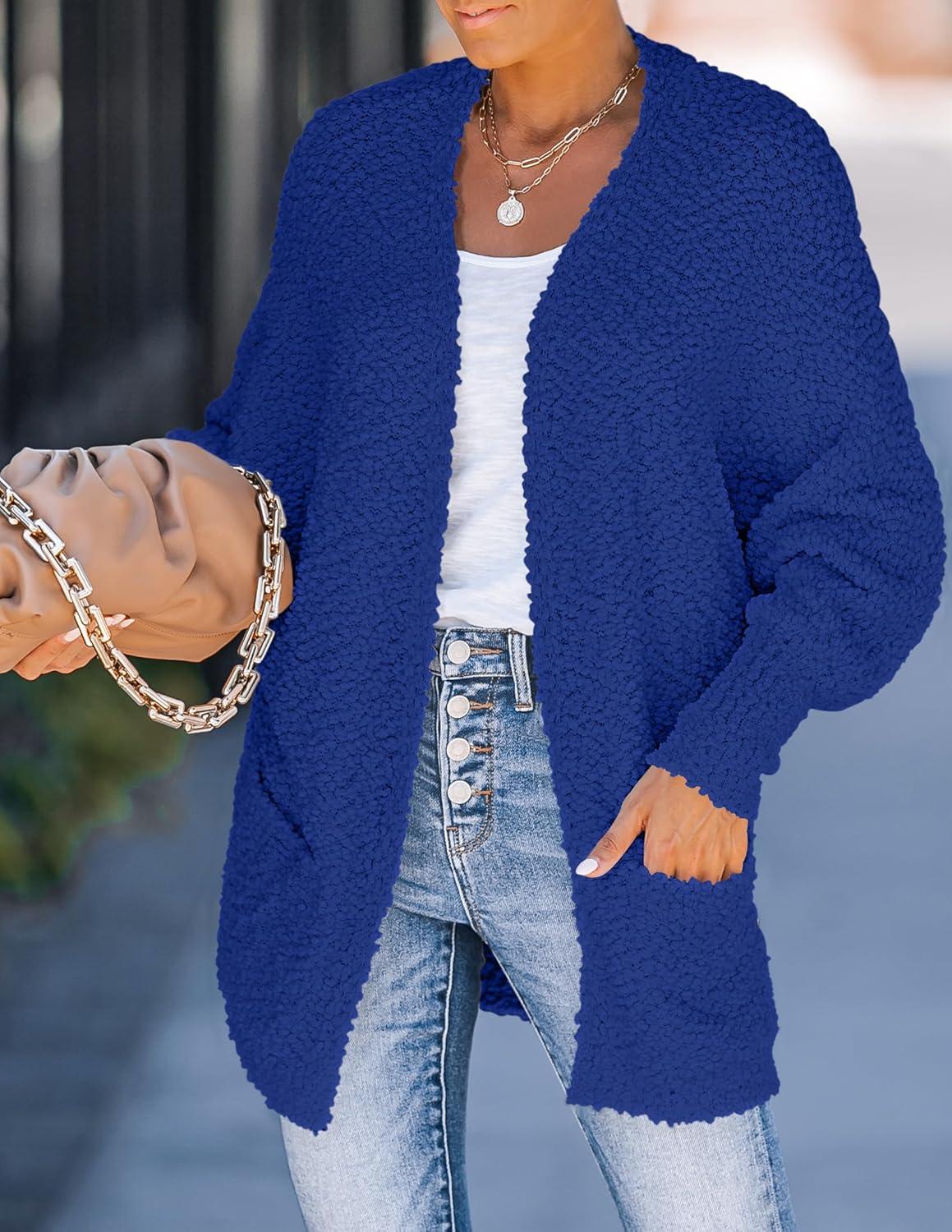 imageZESICA Womens Fall Winter Popcorn Long Sleeve Open Front Chunky Knit Oversized Cardigan Sweater CoatRoyal Blue