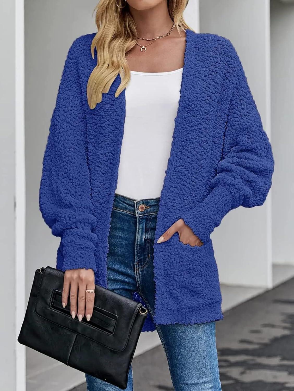 imageZESICA Womens Fall Winter Popcorn Long Sleeve Open Front Chunky Knit Oversized Cardigan Sweater CoatRoyal Blue