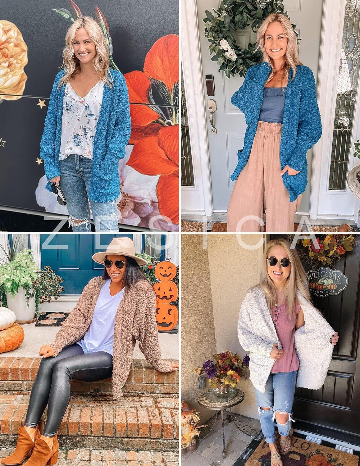 imageZESICA Womens Fall Winter Popcorn Long Sleeve Open Front Chunky Knit Oversized Cardigan Sweater CoatTaro