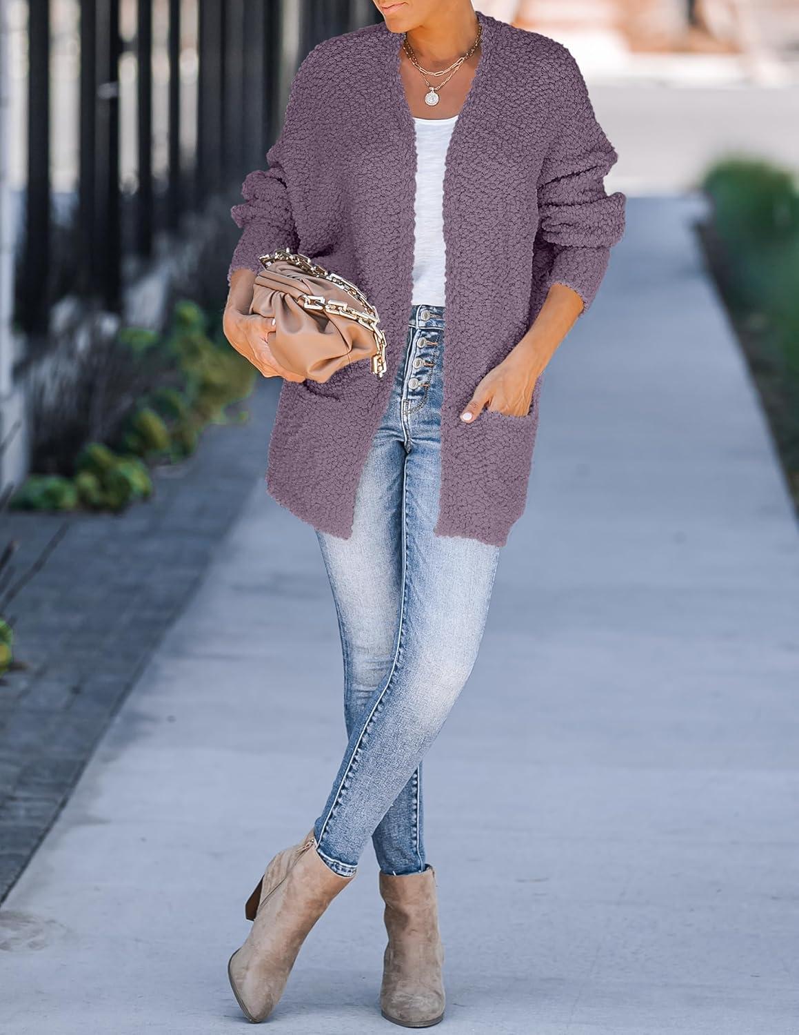 imageZESICA Womens Fall Winter Popcorn Long Sleeve Open Front Chunky Knit Oversized Cardigan Sweater CoatTaro