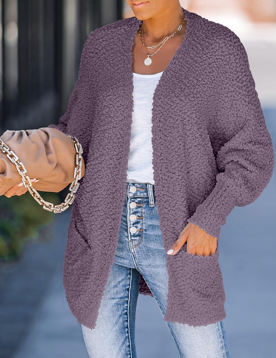 imageZESICA Womens Fall Winter Popcorn Long Sleeve Open Front Chunky Knit Oversized Cardigan Sweater CoatTaro