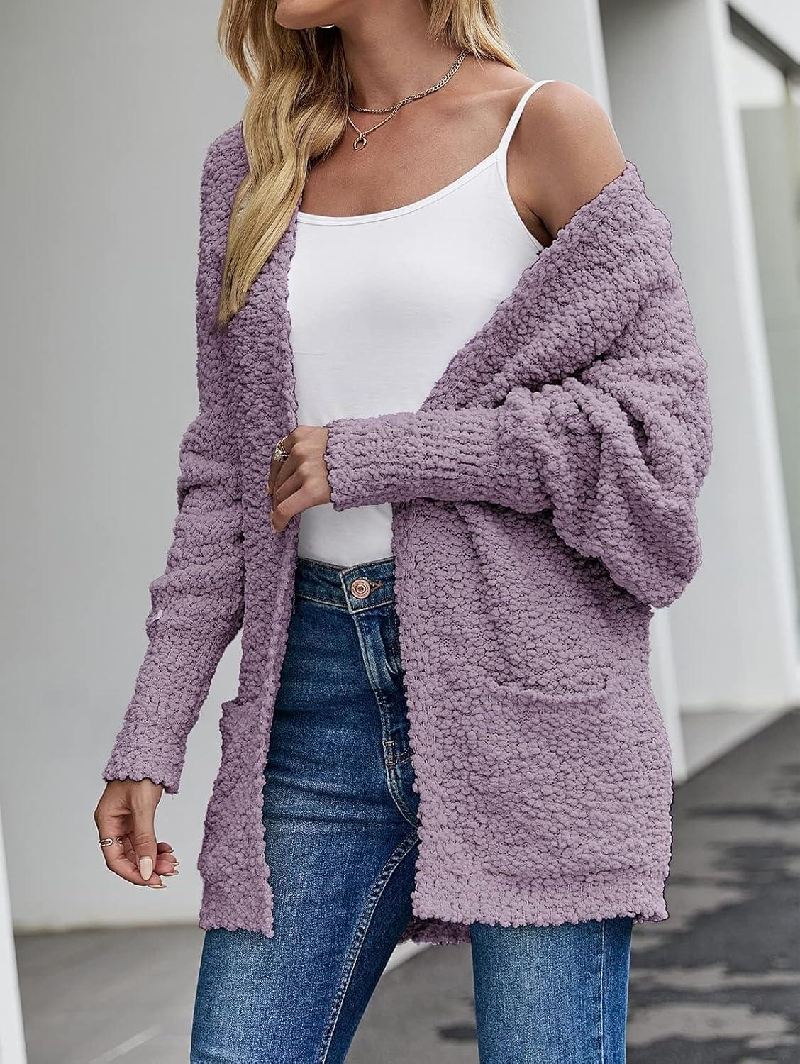 imageZESICA Womens Fall Winter Popcorn Long Sleeve Open Front Chunky Knit Oversized Cardigan Sweater CoatTaro
