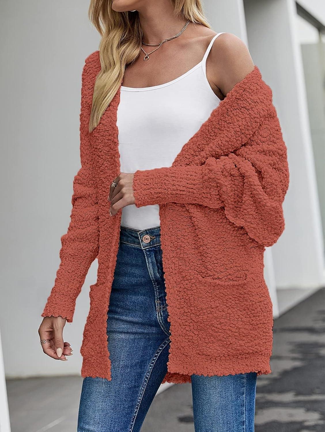 imageZESICA Womens Fall Winter Popcorn Long Sleeve Open Front Chunky Knit Oversized Cardigan Sweater CoatTea Rose